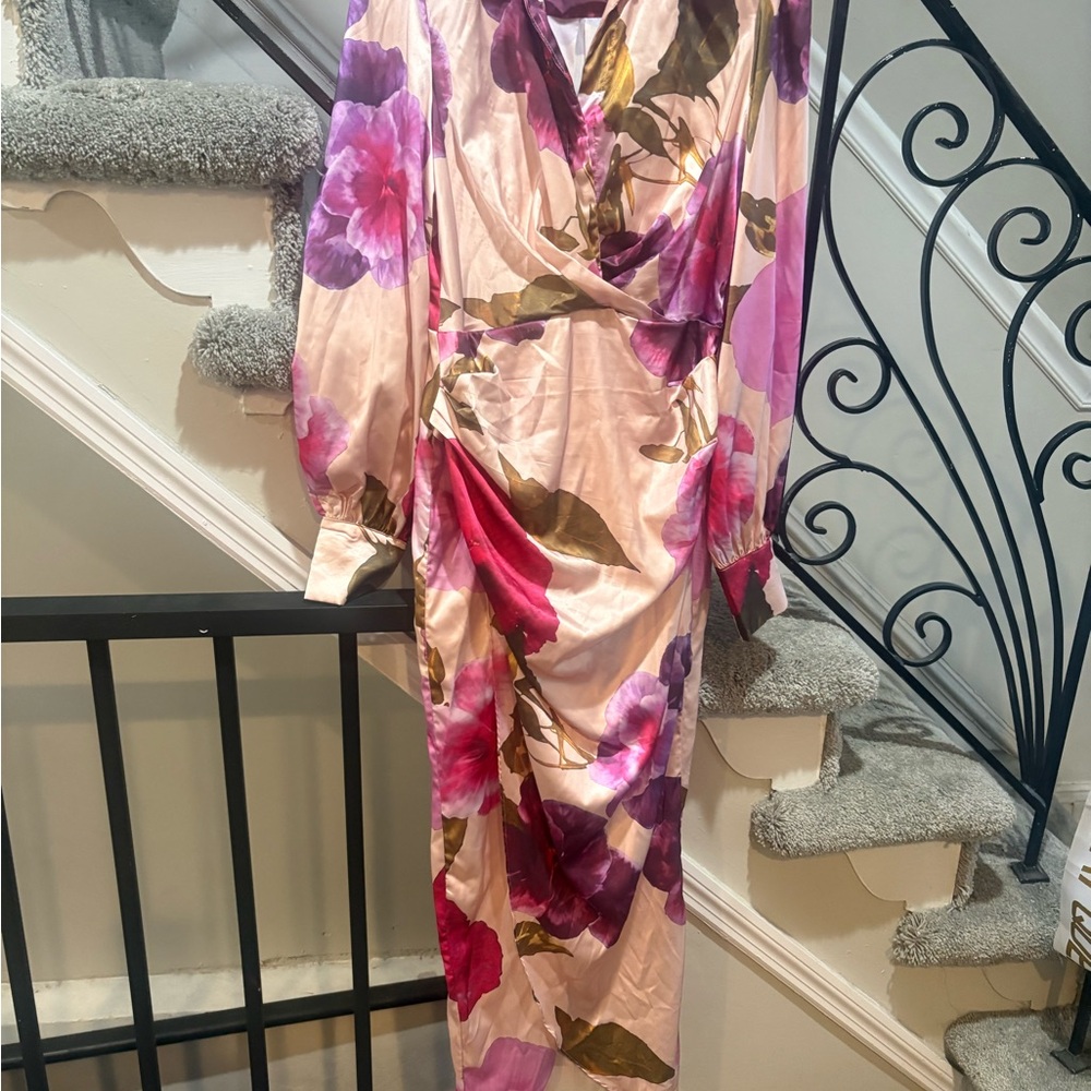 Floral Satin Wrap-Style Maxi Dress in Pink & Purple